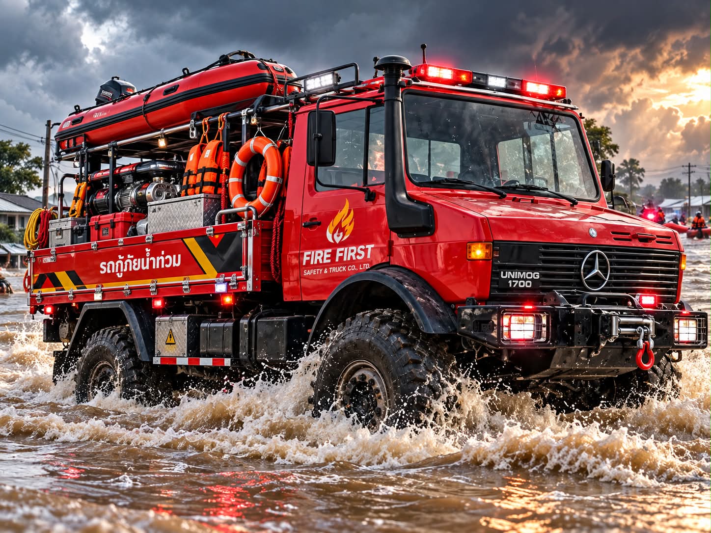 Fire First 4x4 fire-rescue vehicle wading through flood water